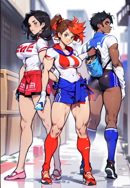 3 girls (((3 girls))), (((slim muscular girl thin muscular girl slim cut physique girl thin waist large breasts skinny))) very dark skin black skin very dark brown skin black hair yellow eyes back alley darkatmosphere trash bins blowing paprs in the wind