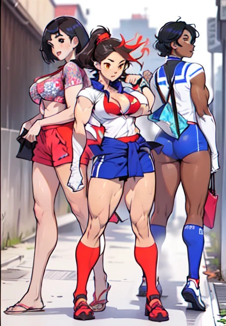 3 girls (((3 girls))), (((slim muscular girl thin muscular girl slim cut physique girl thin waist large breasts skinny))) very dark skin black skin very dark brown skin black hair yellow eyes back alley darkatmosphere trash bins blowing paprs in the wind