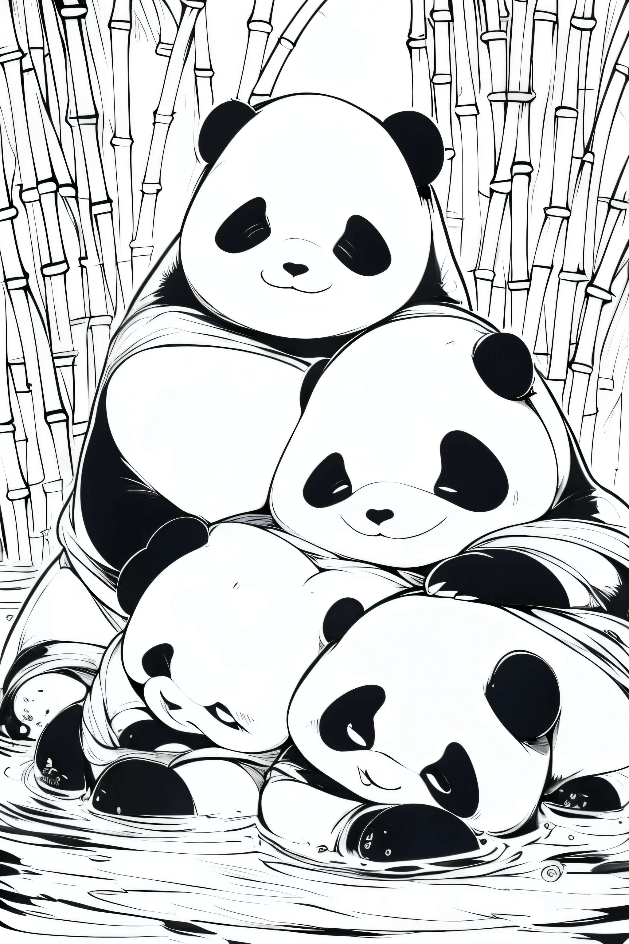 Masterpiece, coloring-book, lineart, perfect lineart, comic style, cute pandas in bamboo village