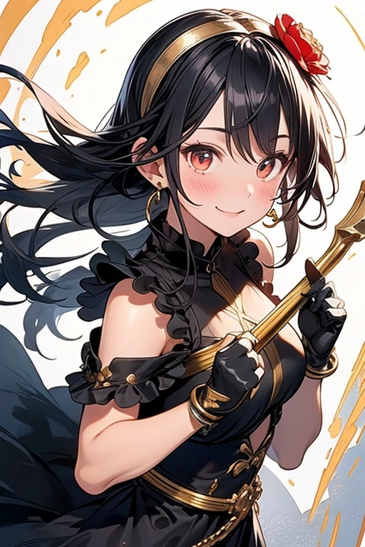  yor briar, anime style beutiful woman, 1girl, happy, smile, with sparkling eyes and a contagious smile:1.1),looking at viewer,red face, closed mouth, beautiful detailed eyes, super detailed skin, backlighting, bare shoulders, black background, black dress, black gloves, black hair, breasts, dress, earrings, fingerless gloves, floating hair, floral print, flower, gloves, gold earrings, gold hairband, hair flower, hair ornament, hairband, holding, holding weapon, jewelry, large breasts, long hair, looking at viewer, off-shoulder dress, off shoulder,red eyes, short hair with long locks, sidelocks, solo, spikes, thighs, two-sided dress, two-sided fabric, weapon, fighting stance , face, close up, from above, highest quality, high resolution. 