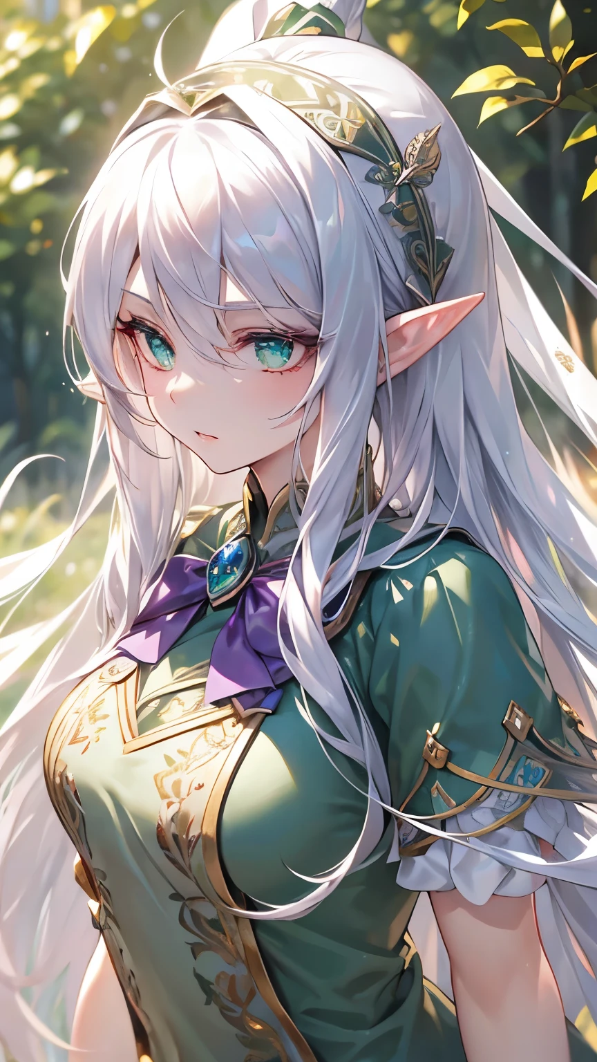 ((silver hair)), highly detailed face and eyes, very long hair, jewelry, purple hairband, long pointy ears, anime, masterpiece, textured skin, (super detail), award winning, (best quality), elf, in forest, Sunbeams filtering through the trees, (green dress:1.4), whole body, beautiful legs, hunting, bow and arrow, eyeball, tsurime, multicolored eyes, bust shot