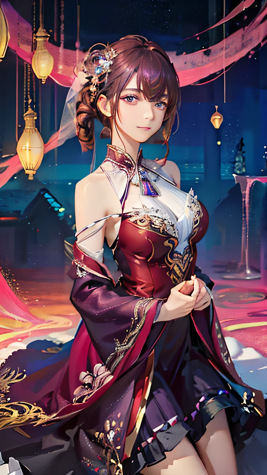 (highest quality, High resolution), Glowing Eyes, Delicate facial features, Vibrant colors, Dreamy atmosphere, Fantasy Theme, Floral Background, Graceful Movement, Detailed clothing, loose fitting dress, Elegant fashion, Magic lighting, Mysterious Aura, Heavenly Beauty, Magic thread, Whimsical elements,Big Breasts、Red attire、Colorful costumes、lingerie、Purple outfit