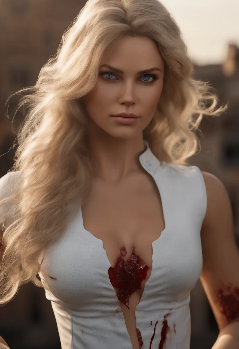 8k, best quality, real picture, intricate details, ultra-detailed, ultra highres, depth field,(photorealistic,realistic:1.2),masterpiece,photo of european girl, susan storm, blue eyes, blonde hair, (bruise, , torn clothes, blood:1.3), ripped outfit, clothing cutout, blue leotard, white thighhighs, white gloves, superhero, solo, sun, blue sky,best quality, realistic, photorealistic, (intricate details:1.2), (delicate detailed), (cinematic light), clear line, sharp focus, realistic face, detailed face,unity 8k wallpaper, ultra high res, (photorealistic:1.4), looking at viewer 