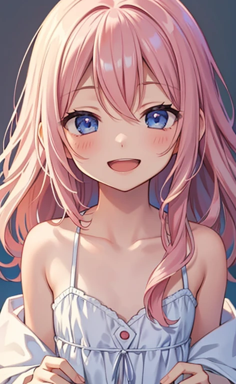 (masterpiece:1.4、top-quality、illustration:,realistic、)、(character focus、,upper body:1.3)、(1girl),(Open mouth happy smile:1.3),(half closed eyes),cute face,blue eyes、(tareme:1.3)、
,(stand:1.4),(pink blonde hair),
,(slender),(loose dress:1.3),
(sidelocks,wavy hair:1.3), (flat chest:1.3)、
、slender、