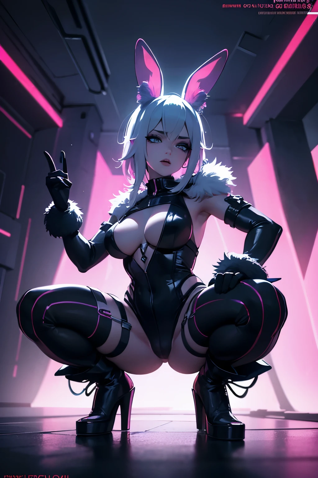 Beautiful Alluring cybergoth Female bunny hybrid scarlett johansson, bare skin, Athletic Well Toned Body, neon colored fluffy fur long bunny ears, neon colored white fur gloves and high boots, amazing chrome mechanical parts, Barely Clothed, cybergoth Theme, cyberpunk theme, dancing inside a club, Beautiful D&D Character Portrait, Beautiful Face, Ominous, Dark Fantasy, Fiverr Dnd Character, Octane Render, Digital Art, Extreme Detail, 4k, Ultra Hd, Polished, Beautiful, Hyperdetailed, Intricate, Elaborate, Meticulous, Photorealistic, Sharp Focus, Wlop, Character Design, Unreal Engine, 3d Rendered, Volumetric Lighting, Reflections, Glossy, Digital Illustration, Sensual Pose, Suggestive Pose, Full Body Shot, squatting, naked, visible , puffy , 💖❤💕💋❣