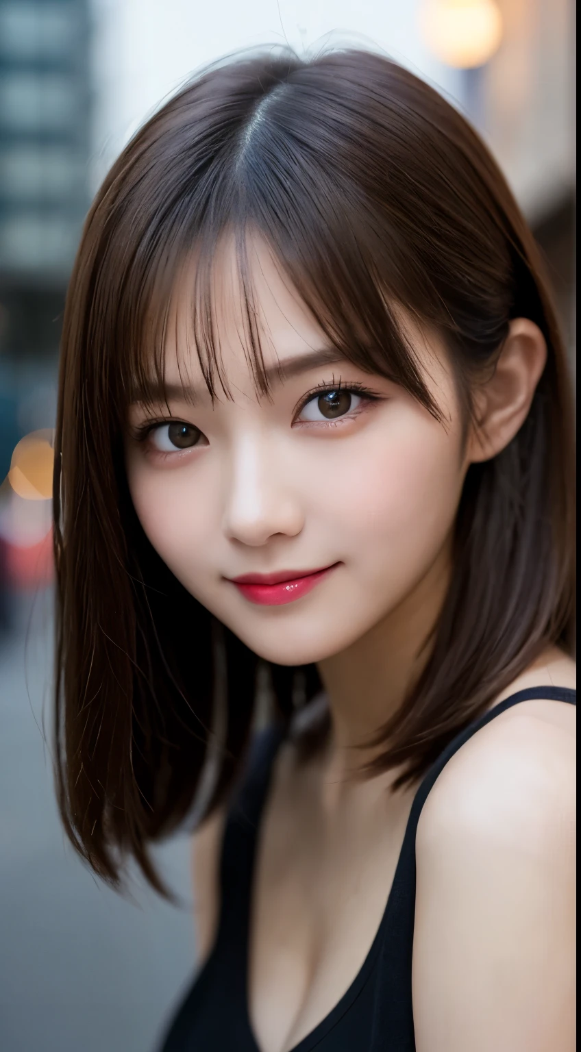 Tabletop, highest quality, shape, Very detailed, finely, High resolution, 8k wallpaper, 完璧なダイナミックな構shape, Beautiful and detailed,ランダムなcute髪,,Natural color lip, Bold sexy pose,smile、20-year-old girl、cute、Looking at the camera,Always blur the background,Perfect and beautiful face,Slim face and figure,Big eyes、Putting on gal makeup,Small face,smile,Blurred Background,Elegant feminine face、Cyberpunk Fashion、smile、Night Sky、Big Moon