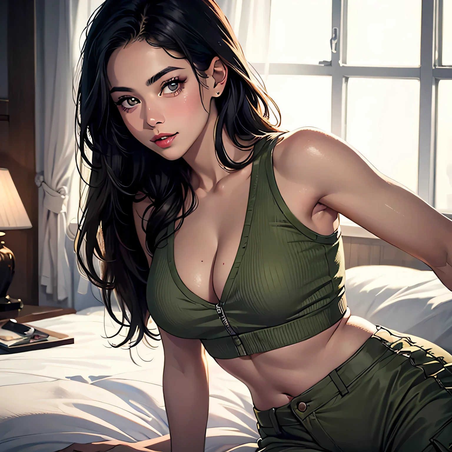 (best quality,4k,8k,highres,masterpiece:1.2),ultra-detailed,(realistic,photorealistic,photo-realistic:1.37),portraits,beautiful detailed eyes,beautiful detailed lips,extremely detailed eyes and face,long eyelashes,detailed olive green crop top and white cargo pants,sexy seductive gaze,soft parted lips,intense blushing with a smile,black luscious long straight hair,perfect body,medium chest with cleavage,resting on a bed with a pillow,viewer-facing perspective,harmonious lighting,colorful and vibrant tones.