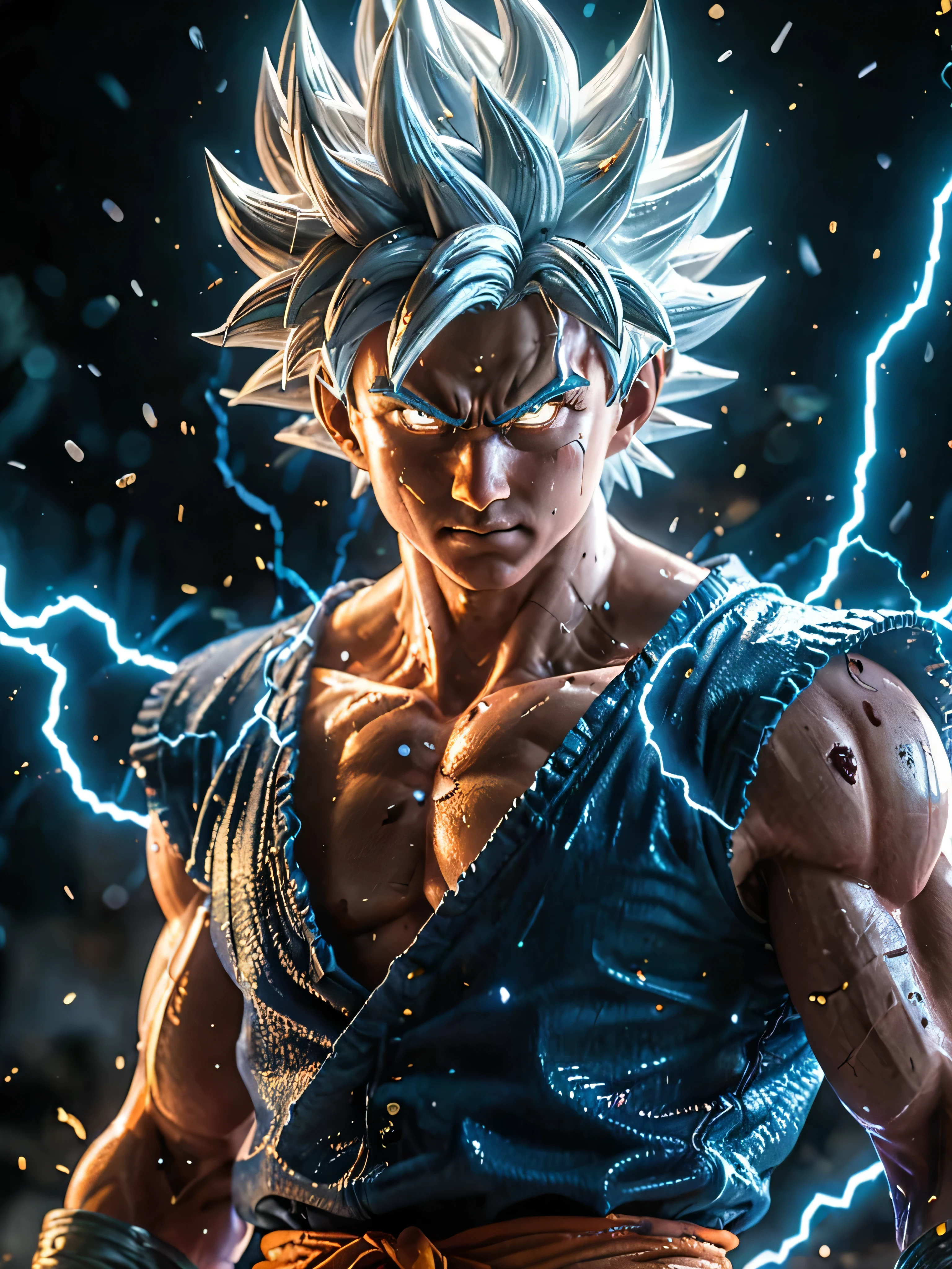 glowneon, full lightning effect, super realistic, full aura lightning glow,photo of glowing Ultra Instinct Son Goku emitting sparks and electricity, dark white, glowing eyes, cinematic film still