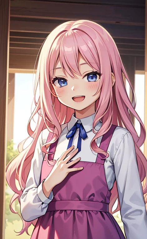 (masterpiece:1.4、top-quality、illustration:,realistic、)、(character focus、,upper body:1.3)、(1girl),(Open mouth happy smile:1.3),(half closed eyes),cute face,blue eyes、(tareme:1.3)、
,(stand:1.4),(pink blonde hair),
,(slender),(loose dress:1.3),
(sidelocks,wavy hair:1.3), (flat chest:1.3)、
、slender、