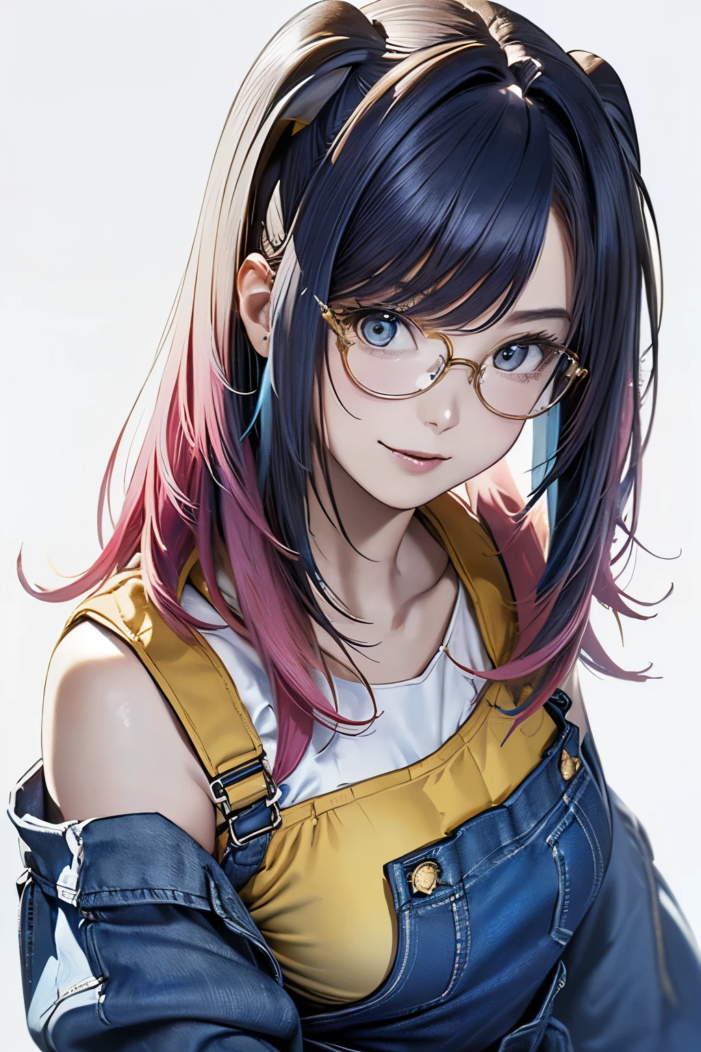 (top-quality、8K、32K、​masterpiece、nffsw:1.2)、(Raw photography)、(realisitic)、(Photorealsitic:1.2)、(hight resolution)、ultra-detailliert、extremely beautiful face and eyes、1girl in、round small face、big breasts thin waist、Delicate body、(a closeup、top-quality、high detailing、rich skin detail、nffsw)、(Best Quality、8K、Oil Painting、masutepiece:1.2)、Ultra-detailed、(Realistic、Photorealistic:1.37)、Vibrant colors, (((Looks like fun)))、(((cowboy shot))), (((Blue and yellow overall))、(((White and micro camisole on inner)))、(((30 Women of a certain age)))、(((Slightly visible chest)))、studio lighting, (((blackhead)))、(((shoulder length bob hair)))、(((blue hair,pink dip-dye hair))),((( white background))), (((I'm laughing.)))、(((girly hairstyle)))、(((The background is pure white wall)))、(((in front of a white wall)))、(((twin tails)))、(((Wearing a Blue and yellow oversized overall))))、(((Blue and yellow overall)))、(((Wear glasses))