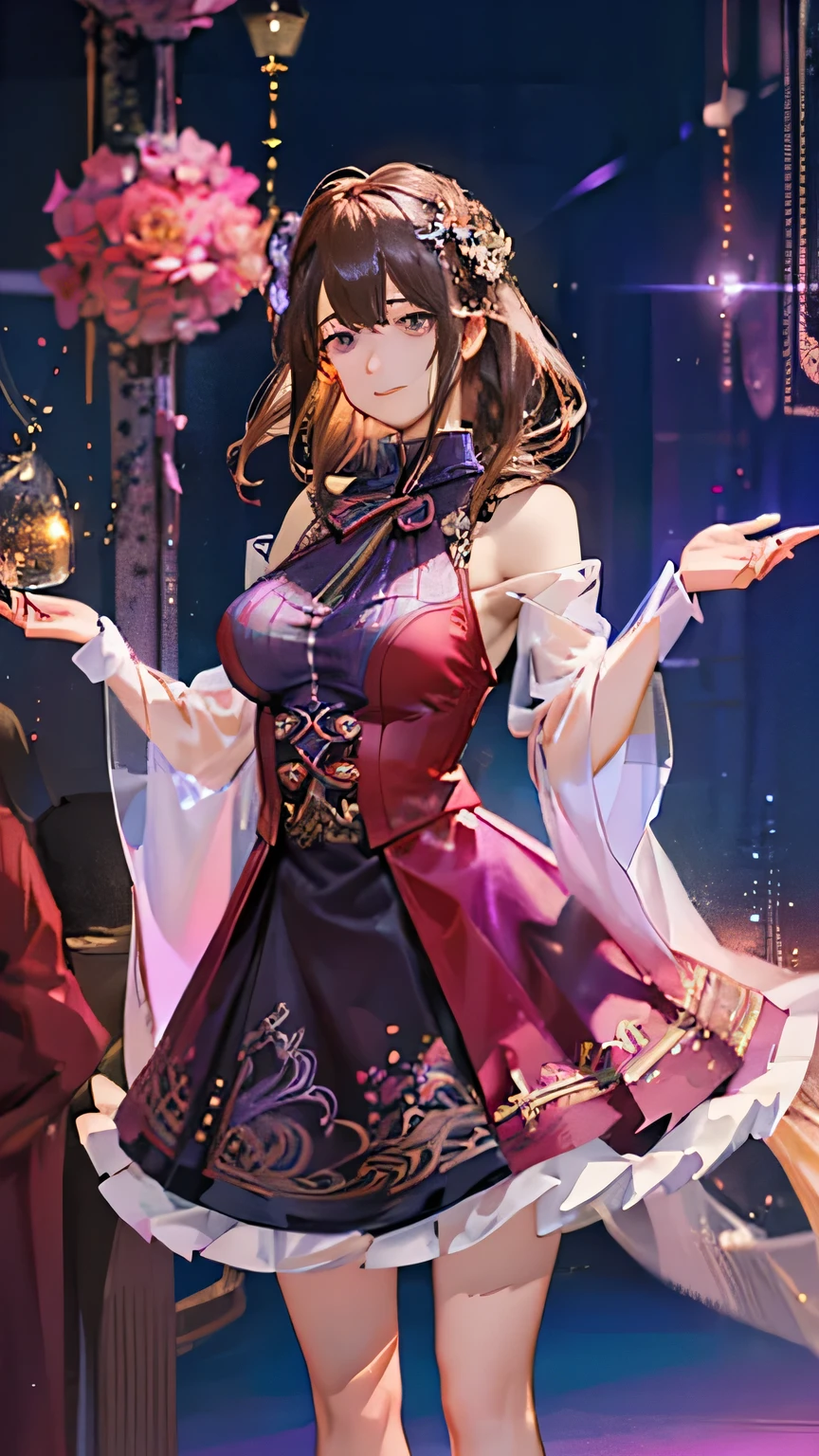 (highest quality, High resolution), Glowing Eyes, Delicate facial features, Vibrant colors, Dreamy atmosphere, Fantasy Theme, Floral Background, Graceful Movement, Detailed clothing, loose fitting dress, Elegant fashion, Magic lighting, Mysterious Aura, Heavenly Beauty, Magic thread, Whimsical elements,Big Breasts、Red attire、Colorful costumes、lingerie、Purple outfit