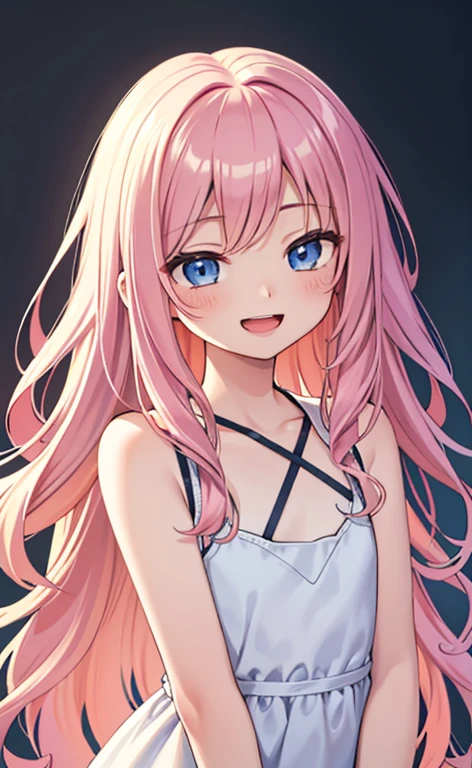 (masterpiece:1.4、top-quality、illustration:,realistic、)、(character focus、,upper body:1.3)、(1girl),(Open mouth happy smile:1.3),(half closed eyes),cute face,blue eyes、(tareme:1.3)、
,(stand:1.4),(pink blonde hair),
,(slender),(loose dress:1.3),
(sidelocks,wavy hair:1.3), (flat chest:1.3)、
、slender、