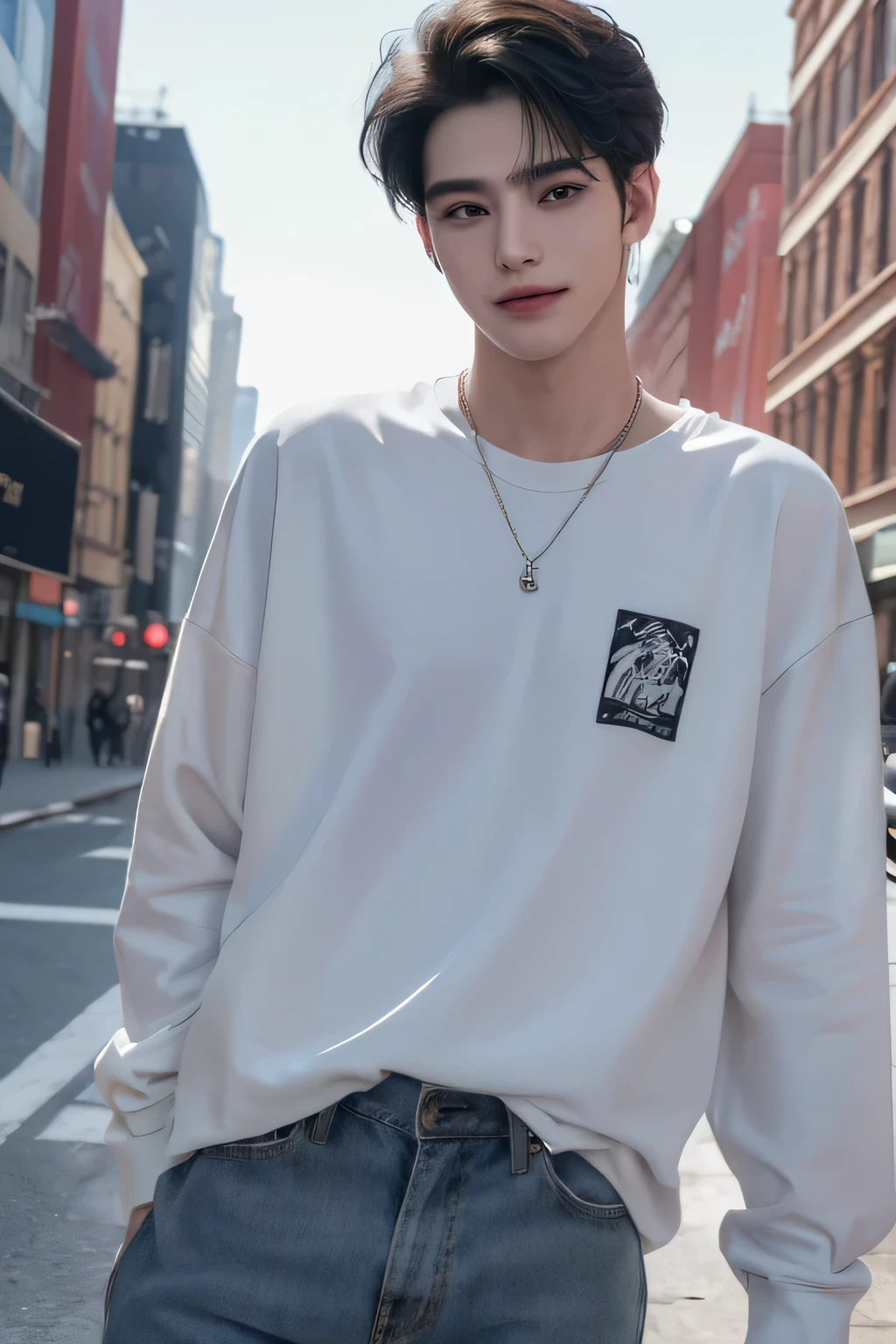 ((highest quality, 8K, masterpiece: 1.3)), New York City、Handsome boy in street fashion:1.5, 20-year-old、Delinquent boy、 well-groomed face, black hair color、thin face、(white skin:1.5)、whole body、black eyes、boy with makeup、Super handsome、sexy eyes、Extra-fine face, handsome nose, small eyes and face, beautiful lighting, High resolution, detailed mouth, laughing out loud, Laughter、Delighted、whole body: 1.5, perfect body shape、super slim,medium hair、STUSSY clothes、silver accessories、Oversized clothes、same clothes