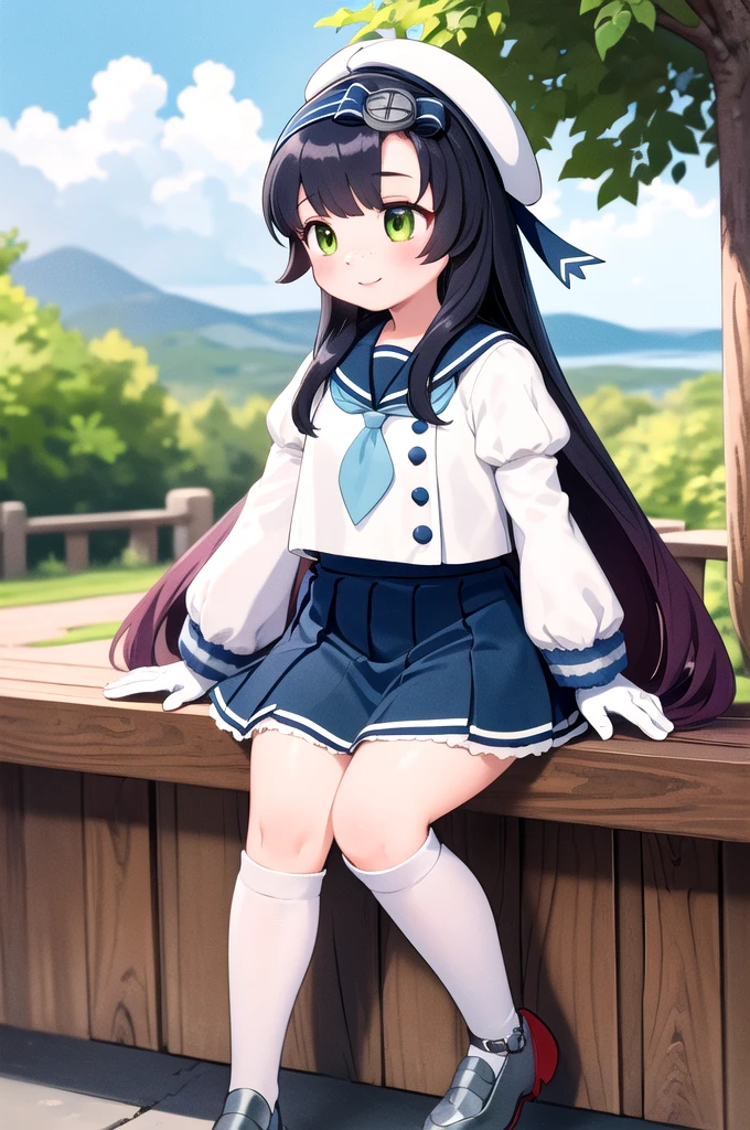 best quality, masterpiece, highly detailed, 1girl, solo, smile,
matsuwa, freckles, very long hair,
, sailor hat, blue ribbon,  blue sailor collar, blue neckerchief, juliet sleeves, long sleeves, white gloves, blue skirt, pleated skirt, kneehighs, white socks, shoes, grey footwear,
outdoors,