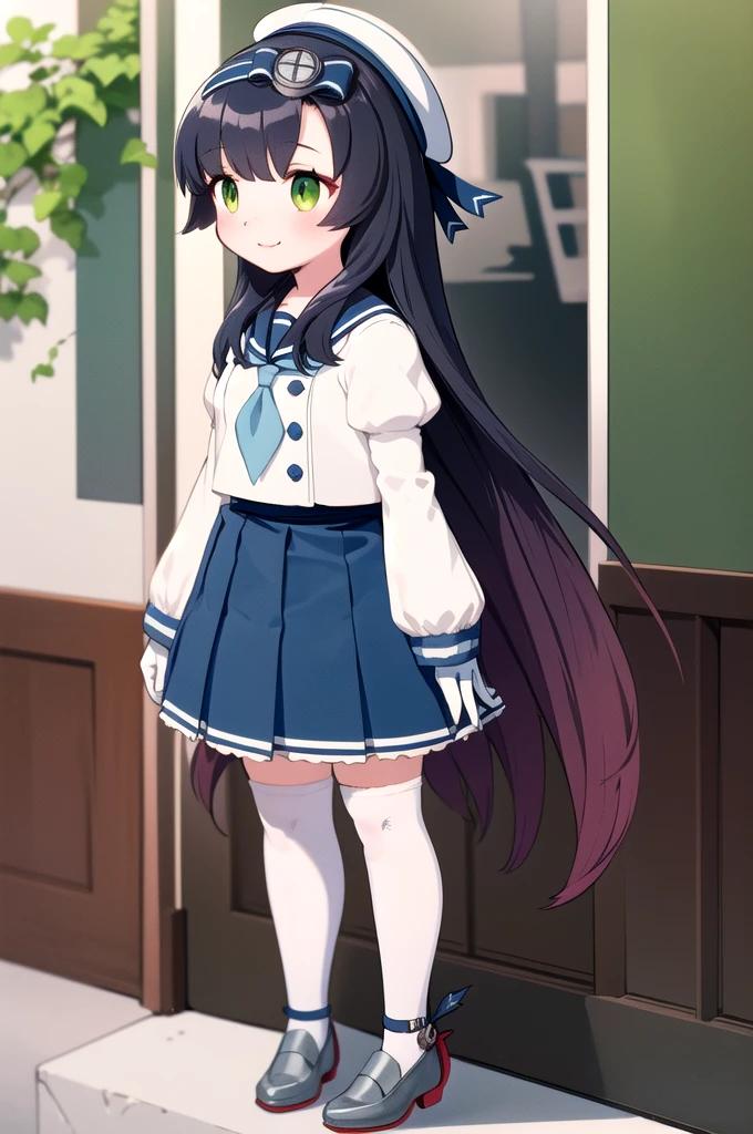 best quality, masterpiece, highly detailed, 1girl, solo, smile,
matsuwa, freckles, very long hair,
, sailor hat, blue ribbon, blue sailor collar, blue neckerchief, juliet sleeves, long sleeves, white gloves, blue skirt, pleated skirt, kneehighs, white socks, shoes, grey footwear,
outdoors,