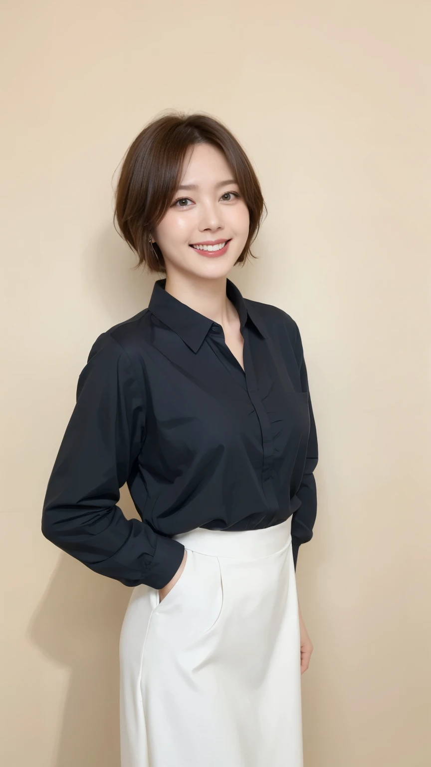 masterpiece,highest quality, (Mature Woman、42 years old), Glare, (White Blazer:1.5), (black collared shirt:1.5), (White pencil skirt:1.5)、double eyelid, eyelash, Lip gloss, (smile:1), (Looking at the audience、Full body image、Are standing), (Modern hotel lobby:1.6)、Written boundary depth、尖ったRed Mouth、(Black wet shiny short hair),Red Mouth,clavicle、(Full body portrait:1.6)、Digital Illustration, (Realistic:1.3),(RAW Photos.)