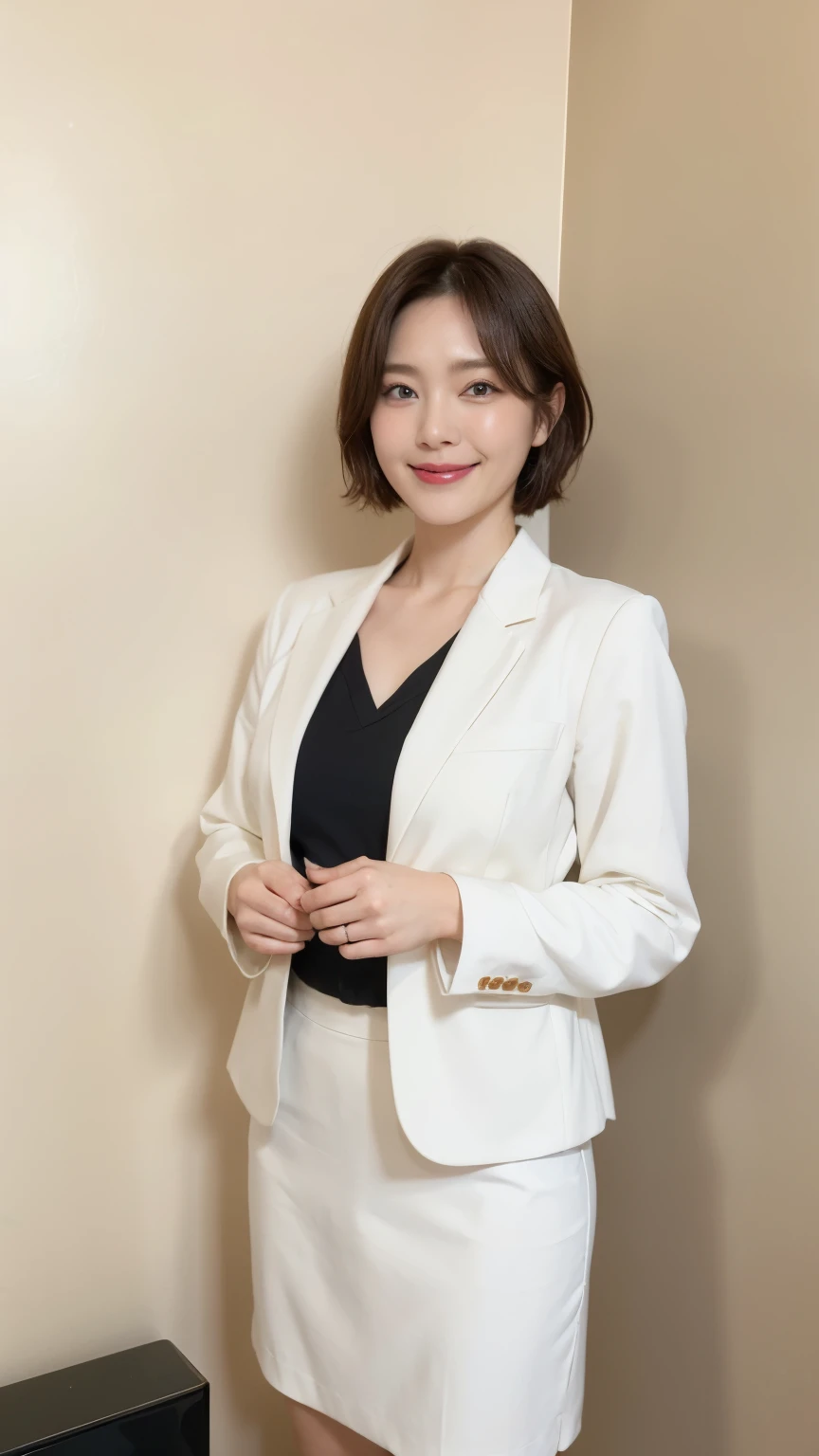 masterpiece,highest quality, (Mature Woman、42 years old),  Glare, （White Blazer:1.5）, （black collared shirt：1.5）, （White pencil skirt：1.5）、double eyelid, eyelash, Lip gloss, (smile:1),  (Looking at the audience、Full body image、Are standing), （Modern hotel lobby:1.6）、Written boundary depth、尖ったRed Mouth、(Black wet shiny short hair),Red Mouth,clavicle、（Full body portrait：1.6）、Digital Illustration, (Realistic:1.3),(RAW Photos.)