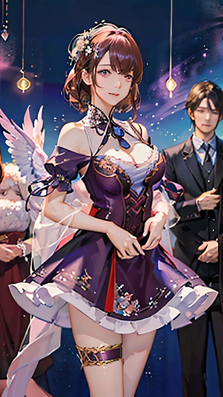 (highest quality, High resolution), Glowing Eyes, Delicate facial features, Vibrant colors, Dreamy atmosphere, Fantasy Theme, Floral Background, Graceful Movement, Detailed clothing, loose fitting dress, Elegant fashion, Magic lighting, Mysterious Aura, Heavenly Beauty, Magic thread, Whimsical elements,Big Breasts、Red attire、Colorful costumes、lingerie、Purple outfit