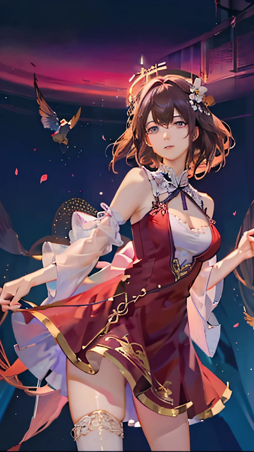 (highest quality, High resolution), Glowing Eyes, Delicate facial features, Vibrant colors, Dreamy atmosphere, Fantasy Theme, Floral Background, Graceful Movement, Detailed clothing, loose fitting dress, Elegant fashion, Magic lighting, Mysterious Aura, Heavenly Beauty, Magic thread, Whimsical elements,Big Breasts、Red attire、Colorful costumes、lingerie、Purple outfit
