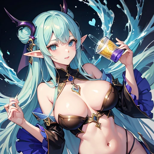 4K、Beautiful elf lady、I was forced to drink a succubus aphrodisiac and went crazy.、Elf in heat、Gorgeous elven costume、Short Hair、Stylish body、Light blue hair、Looking at me with a horny expression、Lust、Heart Eyes