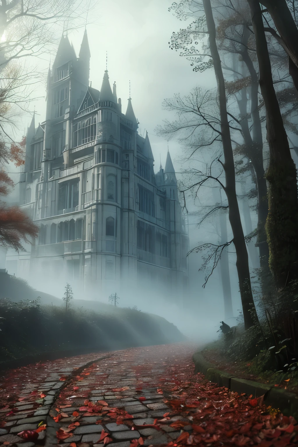 the thick of the forest, late autumn forest, fallen leaves, are trees, fog, red leaves, cloudy day, an old medieval mansion made of white stone, with brown shutters, an old building, high quality photorealistic image, 8K, high detail, perfect precision, perfect composition, Elegant and charming, realistic style, gray colors, shadows, clear details, HD quality, higher lighting style,
