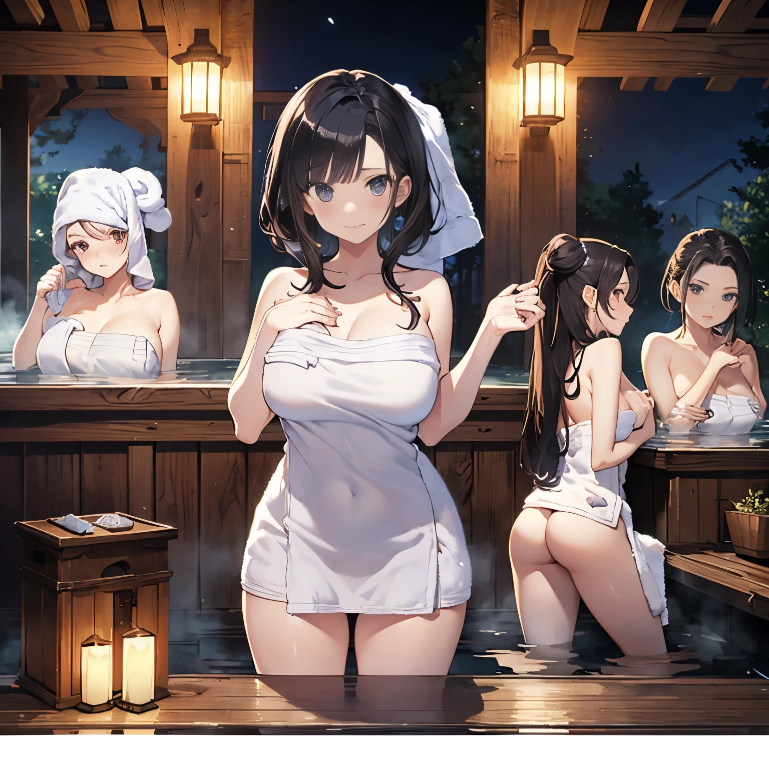 A group of women set in a medieval fantasy world、Dragon Quest、 (At the hot spring:1.5), Mr.々Hair style, Harem, night, Detailed aspect,  Seduce, ((Transparent towel:1.5))、Huge Breasts、Big Ass、wide waist width、The nipples are erect、Crouch