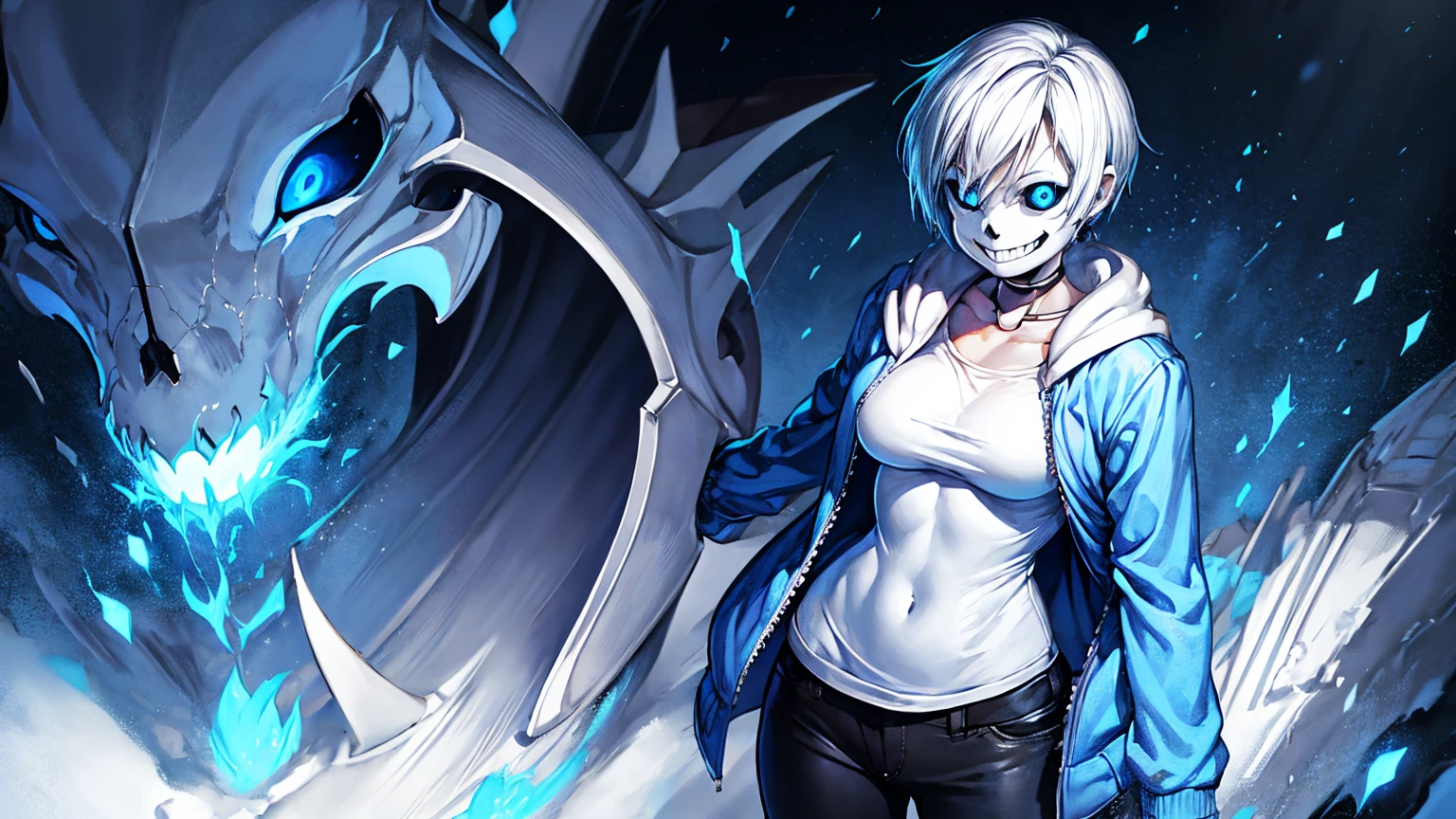 Toby Fox Undertale Sans blue jacket white shirt,Fire eyes skull smile white short hair glowing sexy keel cannon one standing in the snow town Femininefull big breast breast enlargement full-body shot t looking into the camera full-body shot perfect illustration, ultra-detailed, HDR, vibrant colors, soft lighting official art