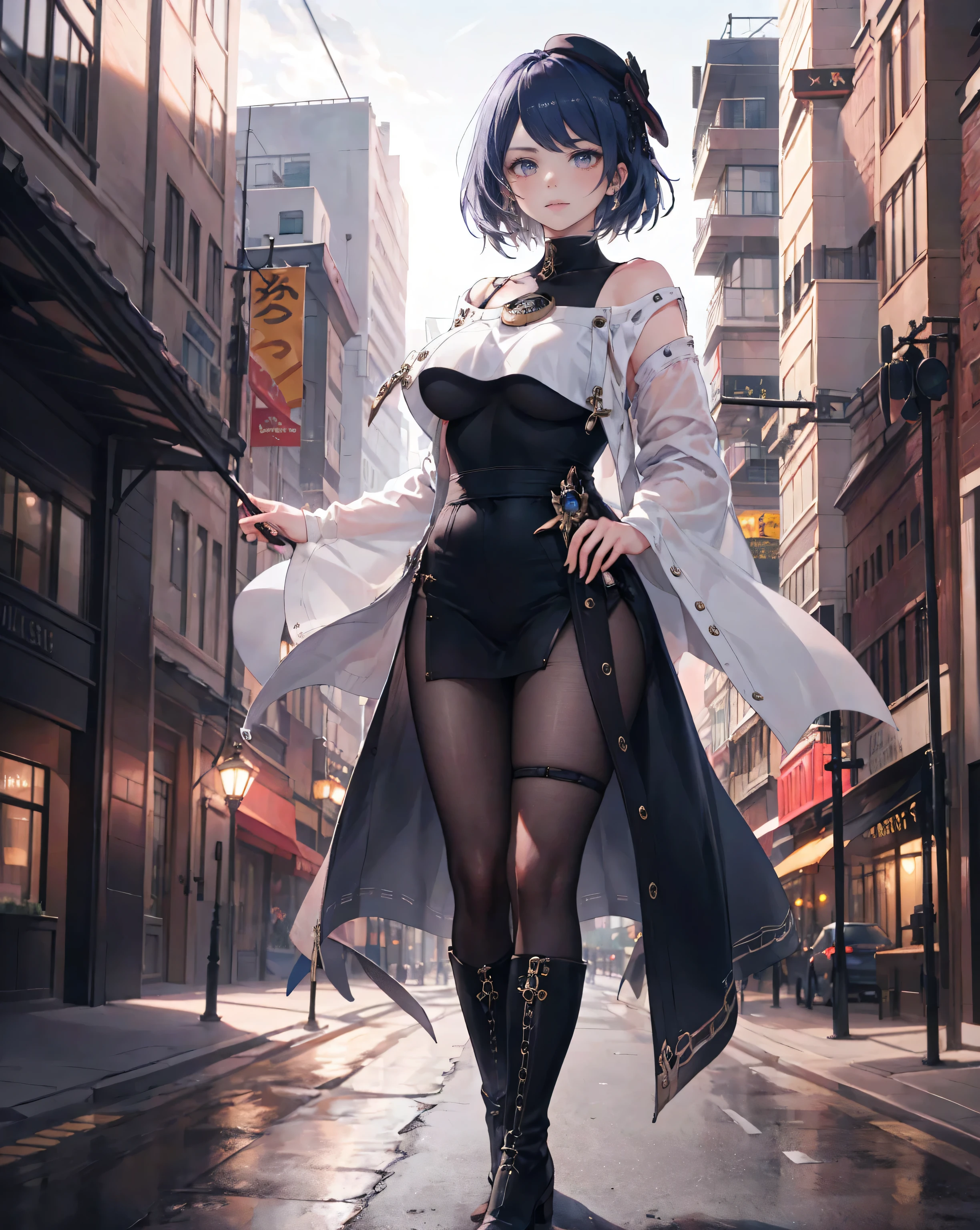 masterpiece, best quality, tosen jordan \(umamusume\), full body, standing, hand on hip, hand up, black choker, collar, crop top, fishnets, chain necklace, cropped jacket, open jacket, long sleeves, navel, midriff, nail polish, watch, bracelet, jewelry, purple belt, black skirt, gold chain, thigh strap, purple thighhighs, fishnet thighhighs, mismatched thighhihs, high heels,bubblegum, chewing_gum, blowing bubbles, bubble gum posing,lighting --auto