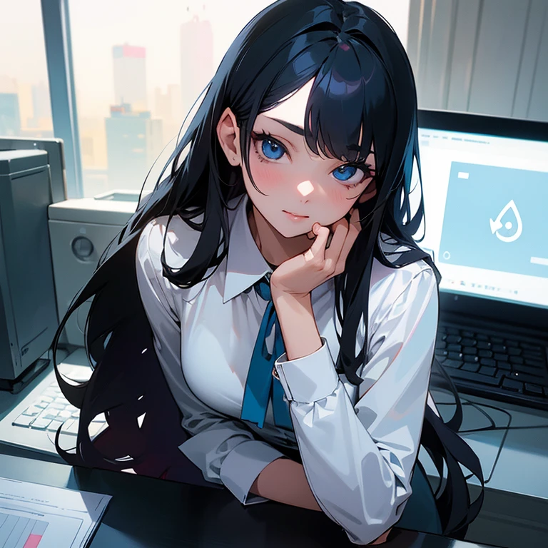 Counterfeit-V3.0, Beautiful ANIME woman in designer terno office wear sassy, nerdy glass, busy workplace, front on camera, realistic, detailed, best quality, focused typing in her laptop, new york, masterpiece, 8k, no extra fingers, whole body, dark long hair with bangs, blue eyes, generic shape, happy soft feature