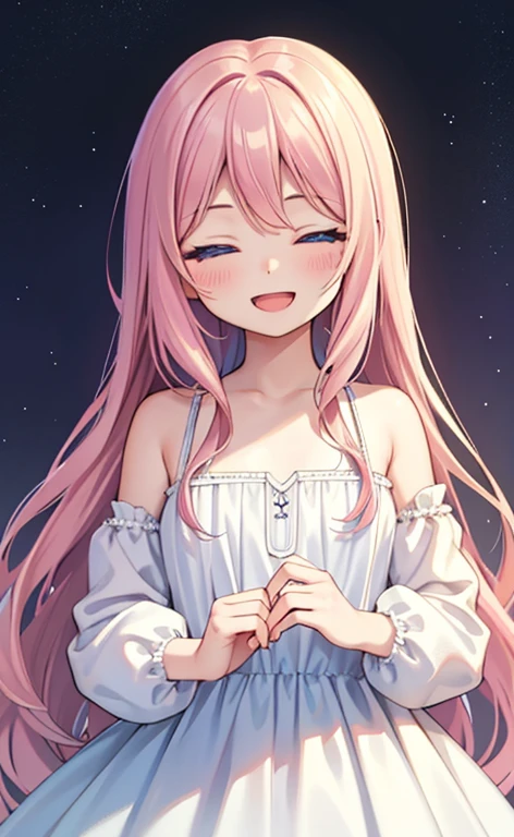 (masterpiece:1.4、top-quality、illustration:,realistic、)、(character focus、,upper body:1.3)、(1girl),(Open mouth happy smile:1.3),(half closed eyes:1.3),cute face,blue eyes、(tareme:1.3)、
,(stand:1.4),(pink blonde　hair),
,(slender),（loose dress:1.3),
(sidelocks,wavy hair:1.3), (flat chest:1.3)、
、slender、