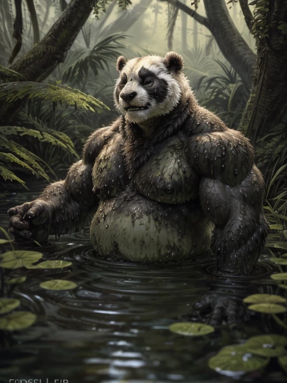 panda,male,Mature man,Fat and strong,Hanfu,With eyes closed,White belly,Black Arm,趴在swamp里,Covered in black sludge,swamp(Detailed background:1.2),High Detail, Film Photography, original video, actual, Analog style, best quality, ultra actual, 8k, (By Fiddler Tarrant),