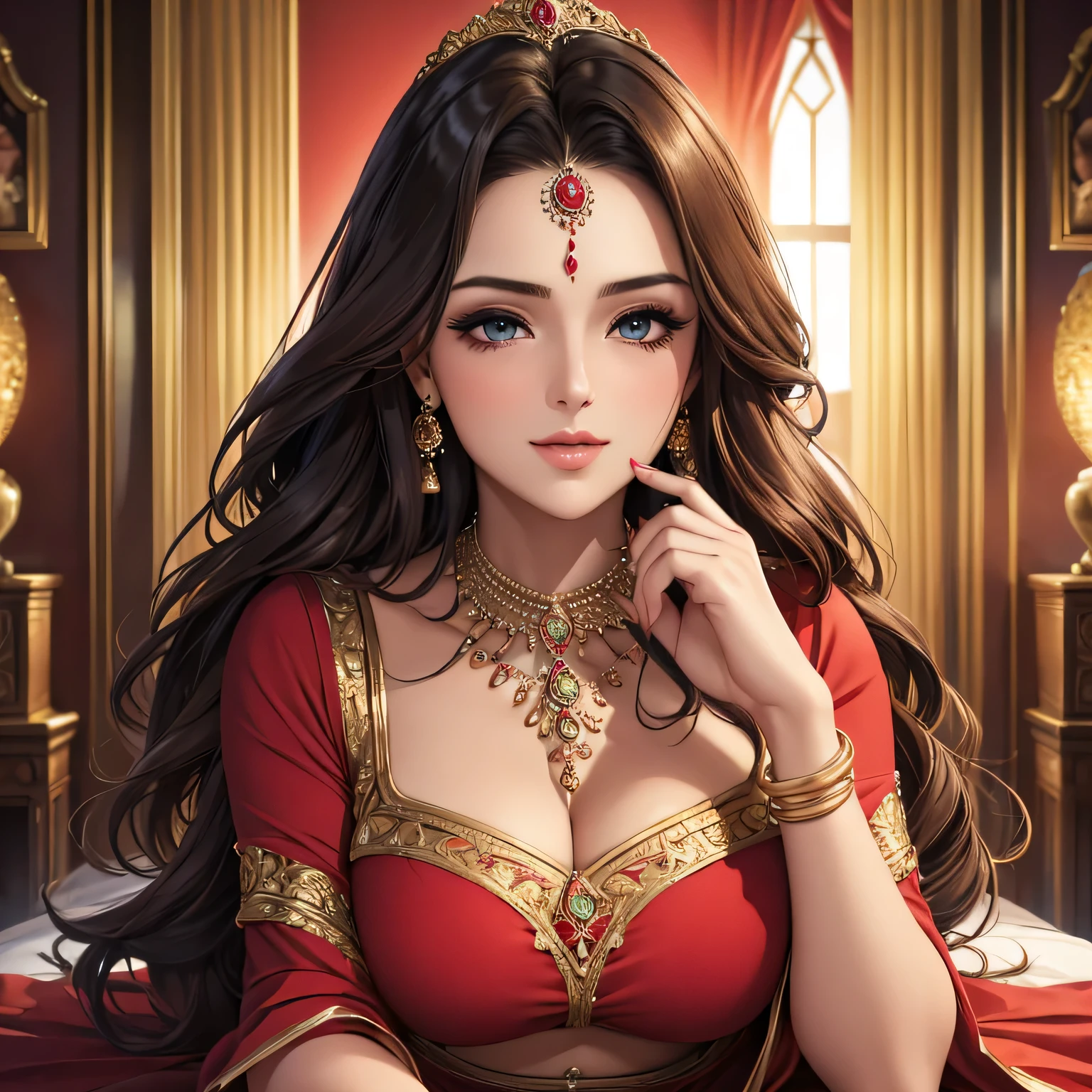 (best quality, 4k, 8k, highres, masterpiece:1.2), ultra-detailed, realistic:1.37, professional, stunning red saree, beautiful face and eyes, luscious long hair, graceful pose, vibrant colors, portrait, Indian beauty, detailed fabric folds, alluring expression, soft and natural lighting, rich textures, intricate jewelry, mesmerizing gaze, captivating smile, flawless skin, elegant makeup, confident and empowering, traditional yet modern, exuding charm and glamour.
