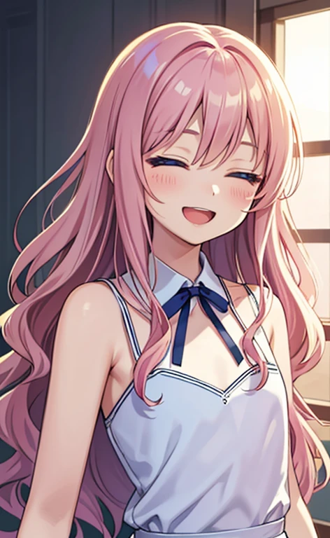 (masterpiece:1.4、top-quality、illustration:,realistic、)、(character focus、,upper body:1.3)、(1girl),(Open mouth happy smile:1.3),(half closed eyes:1.3),cute face,blue eyes、(tareme:1.3)、
,(stand:1.4),(pink blonde hair),
,(slender),(loose dress:1.3),
(sidelocks,wavy hair:1.3), (flat chest:1.3)、
、slender、