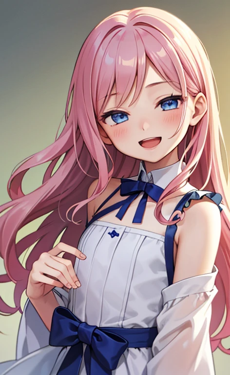 (masterpiece:1.4、top-quality、illustration:,realistic、)、(character focus、,upper body:1.3)、(1girl),(Open mouth happy smile:1.3),(half closed eyes:1.3),cute face,blue eyes、(tareme:1.3)、
,(stand:1.4),(pink blonde hair),
,(slender),(loose dress:1.3),
(sidelocks,wavy hair:1.3), (flat chest:1.3)、
、slender、