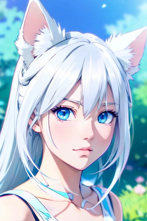 beautiful girl Anime Style Japanese White hair blue eyes White hair皮 White cat ears