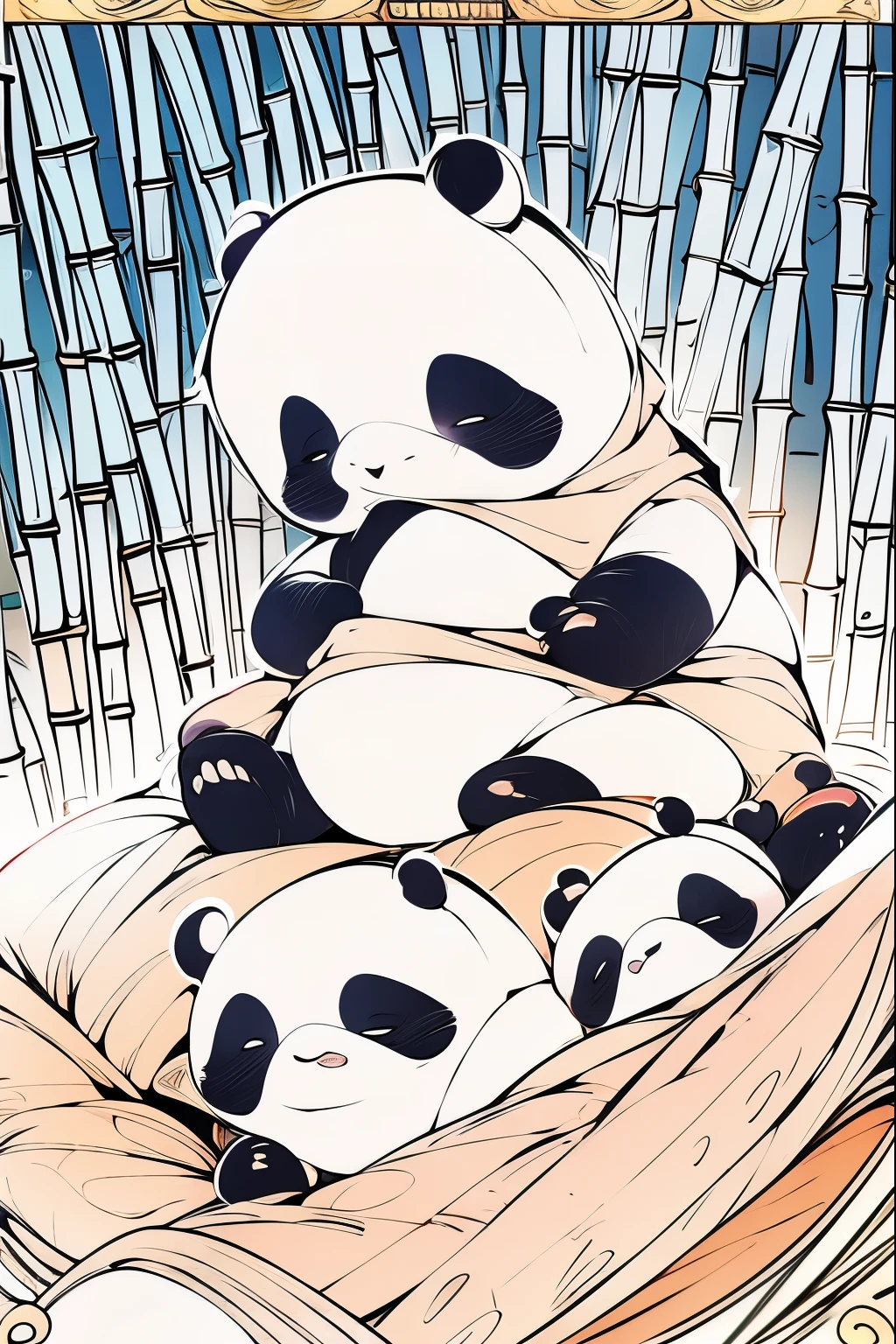 Masterpiece, coloring-book, lineart, perfect lineart, comic style, cute pandas in bamboo village