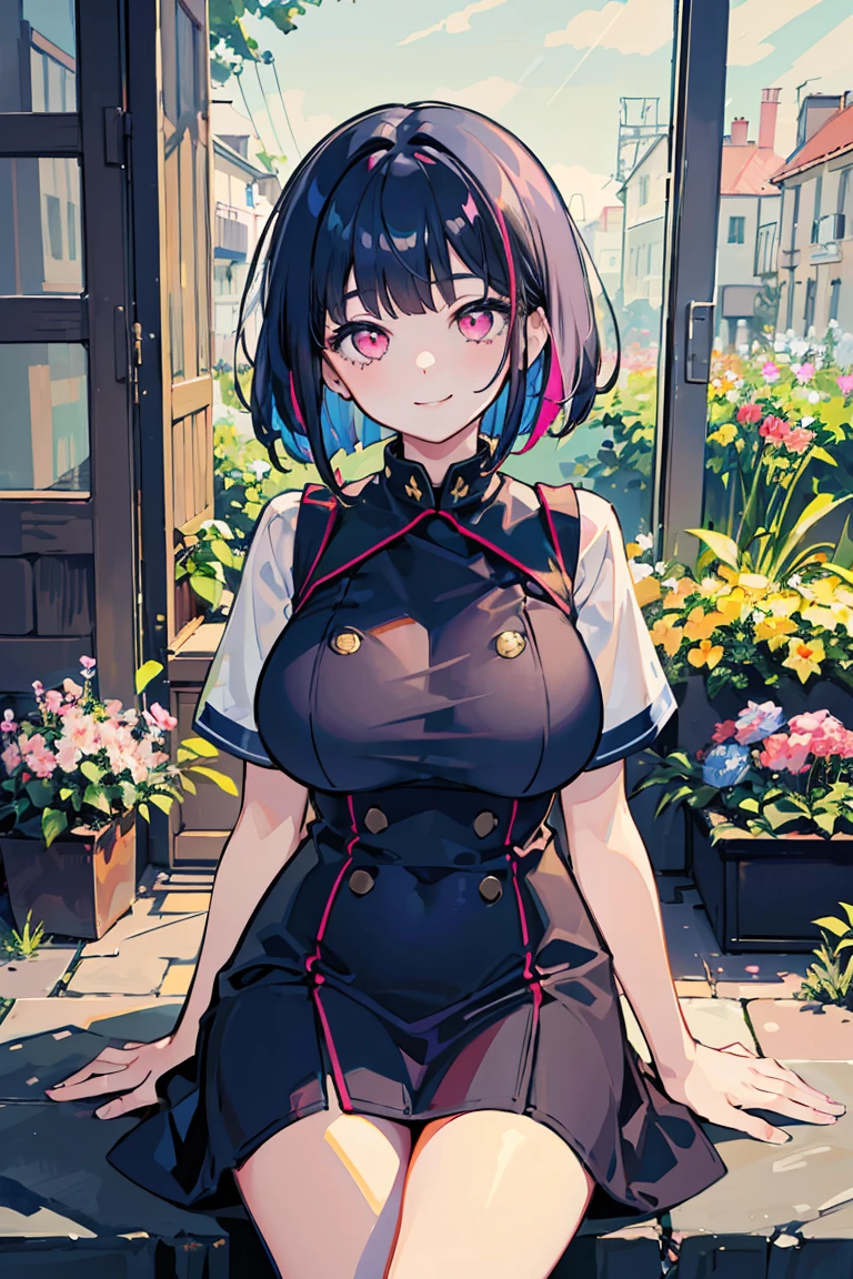 1 girl, ((Navy Hair)), Big Tits 1.1 ,Colorful clothes, Navy Hair, Short Bob,Neat dress, smile, Triangle sitting, Pink Eyes, ((Heart Eyes)), garden,16 years old, Colorful Hair, Messy Hair, tonalism, Romanticism, modern art, Impressionism, reflected light, 8k, masterpiece, Advanced Details, highest quality, Accurate