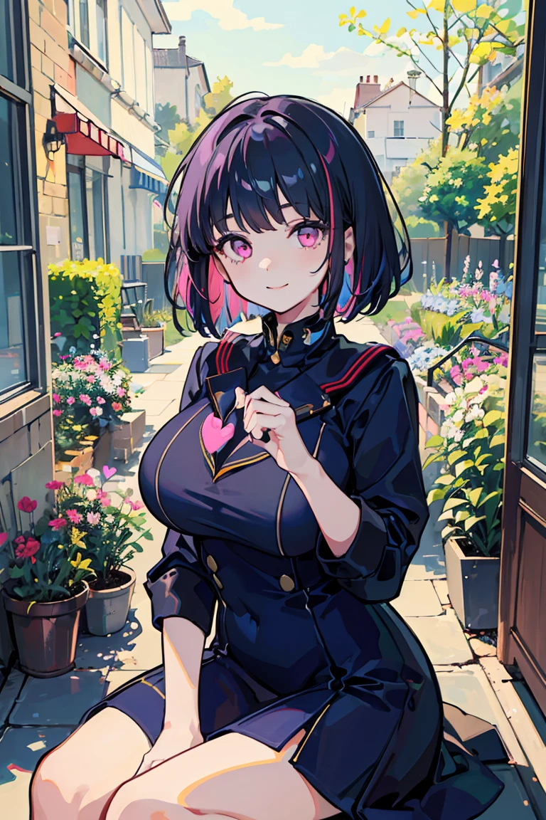 1 girl, ((Navy Hair)), Big Tits 1.1 ,Colorful clothes, Navy Hair, Short Bob,Neat dress, smile, Triangle sitting, Pink Eyes, ((Heart Eyes)), garden,16 years old, Colorful Hair, Messy Hair, tonalism, Romanticism, modern art, Impressionism, reflected light, 8k, masterpiece, Advanced Details, highest quality, Accurate