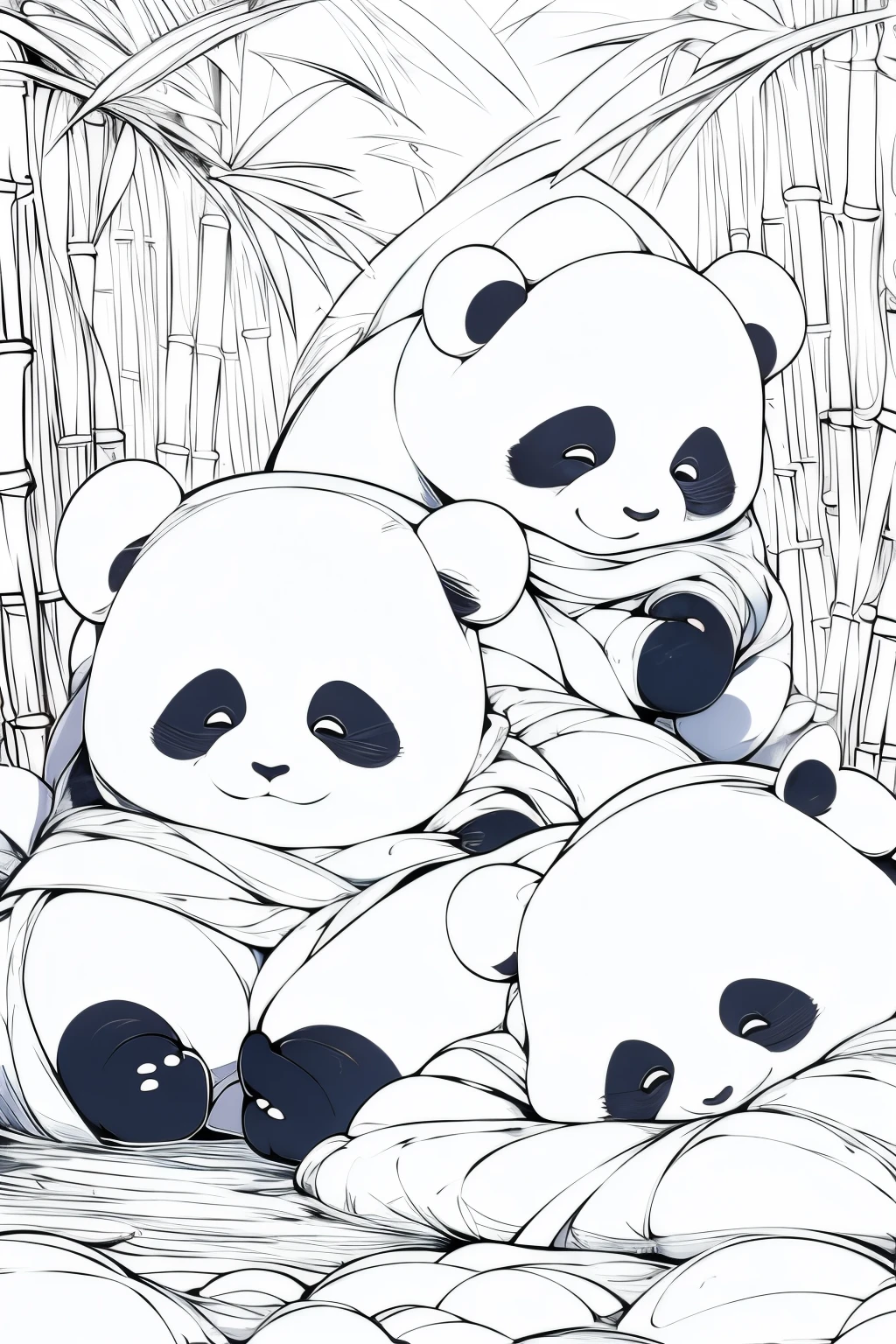 Masterpiece, coloring-book, lineart, perfect lineart, comic style, cute pandas in bamboo village