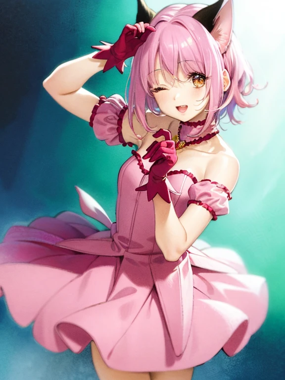 (illustration:1.1),(best quality),(masterpiece:1.1),(beautiful and clear background:1.25),(masterpiece, best quality, ultra-detailed), (photorealistic), (beautiful detailed eyes),
stage,stage lights,(pink hair,red hair),
1girl,solo,looking at viewer,cowboy shot, upper body,
uehara ayumu, yellow eyes, frilled dress, pastel pink dress,light smile,depth of field,(pastel pink gloves:1.4),frilled gloves,swept bangs,
bare shoulders, one eye closed,round teeth,
ai's pose,double v,