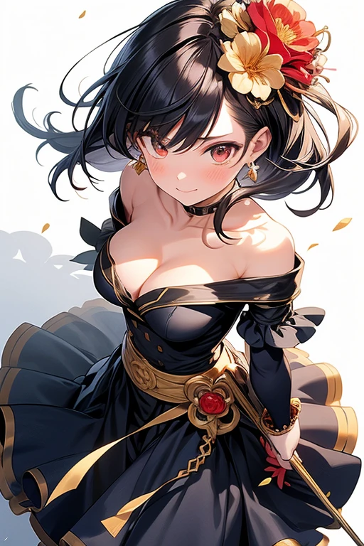 yor briar, anime style beutiful woman, 1girl, happy, smile, with sparkling eyes and a contagious smile:1.1),looking at viewer,red face, closed mouth, beautiful detailed eyes, super detailed skin, backlighting, bare shoulders, black background, black dress, black gloves, black hair, breasts, dress, earrings, fingerless gloves, floating hair, floral print, flower, gloves, gold earrings, gold hairband, hair flower, hair ornament, hairband, holding, holding weapon, jewelry, large breasts, long hair, looking at viewer, off-shoulder dress, off shoulder,red eyes, short hair with long locks, sidelocks, solo, spikes, thighs, two-sided dress, two-sided fabric, weapon, fighting stance , face, close up, from above, highest quality, high resolution.