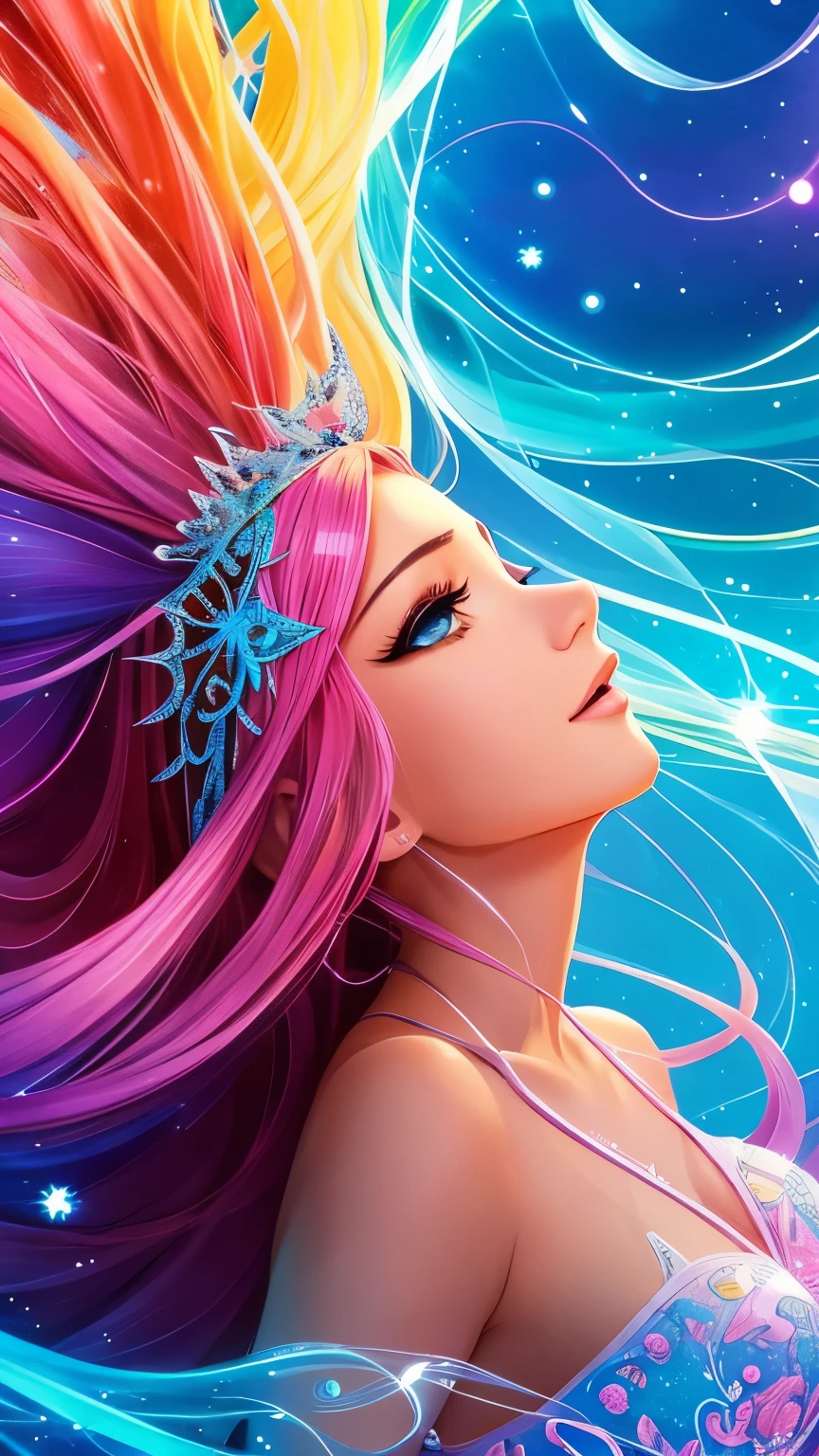 A beautiful anime princess in colorful net dress, On his head a tiara of beads, vibrant pastel colors, (colorido), magic lights, linhas de luz cintilantes ao fundo seu castelo, inspirado em Glen Keane, inspirado em Lois van Baarle, estilo de arte disney, Directed by: Lois van Baarle, Aura brilhante ao seu redor, Directed by: Glen Keane, Jen Bartel, luzes brilhantes! pintura digital, flowing glowing hair, glowing flowing hair, Beautiful digital illustration, fundo fantasia, caprichoso, magica, fantasia, beautiful face, ((master part, melhor qualidade)), detalhes intrincados, altamente detalhado, sharp focus, 8K resolution, olhos detalhados cintilantes, Liquid Watercolor