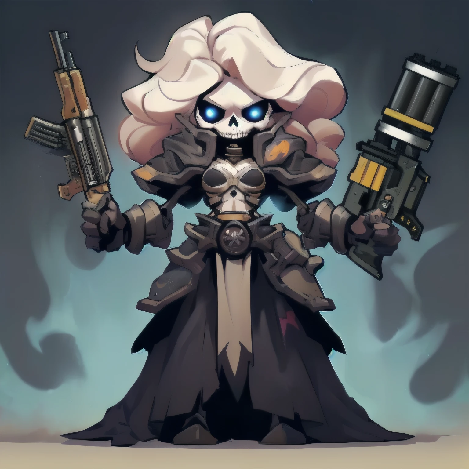 a cartoon image of a woman with a gun and a skull, holy cyborg necromancer girl, character art of maple story, battle chasers, in hearthstone art style, mighty princess of the wasteland, mechanized witch girl, darkest dungeon art style, maple story gun girl, dark witch character, character design contest winner, game character design, game character art