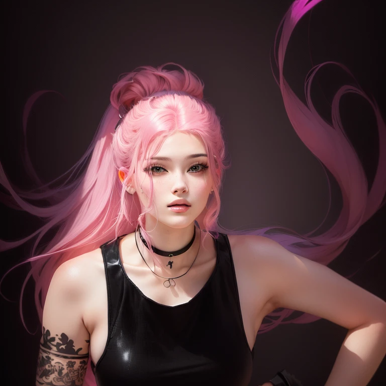 there is a woman with pink hair with black background 