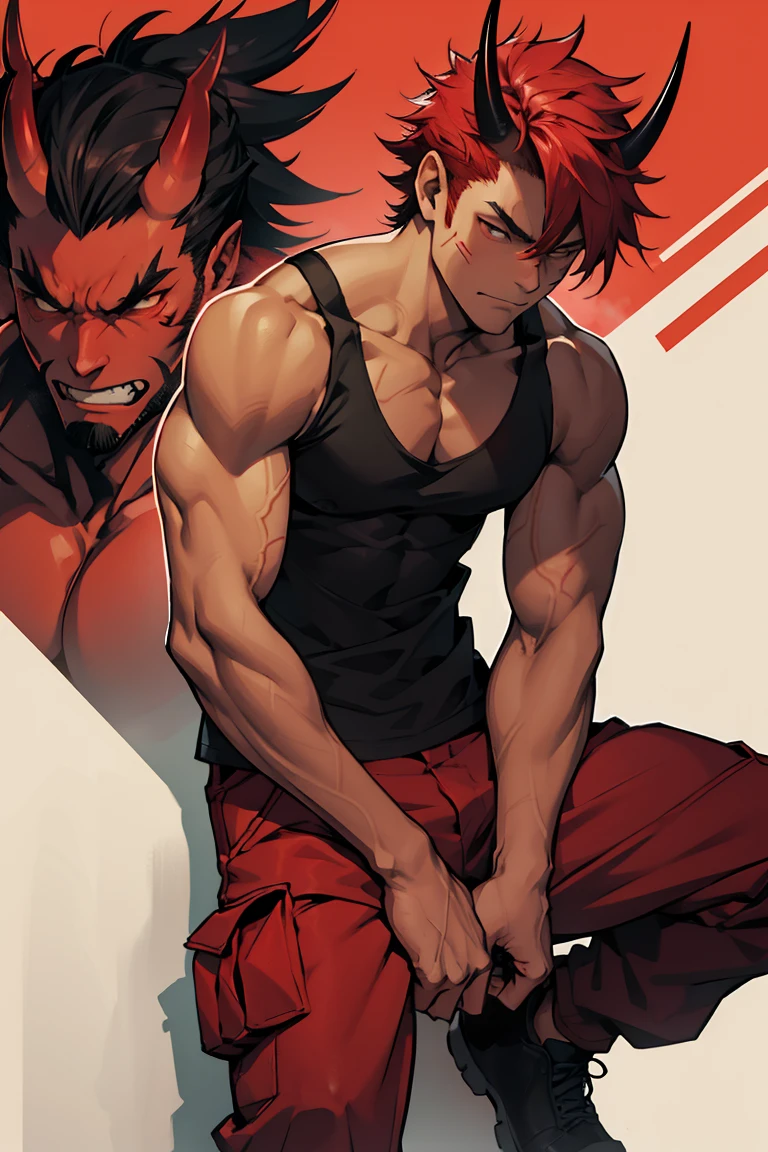 Red skinned oni boy, cargo pants, black tanktop, red skin, red and black oni horns, white messy hair, bored face