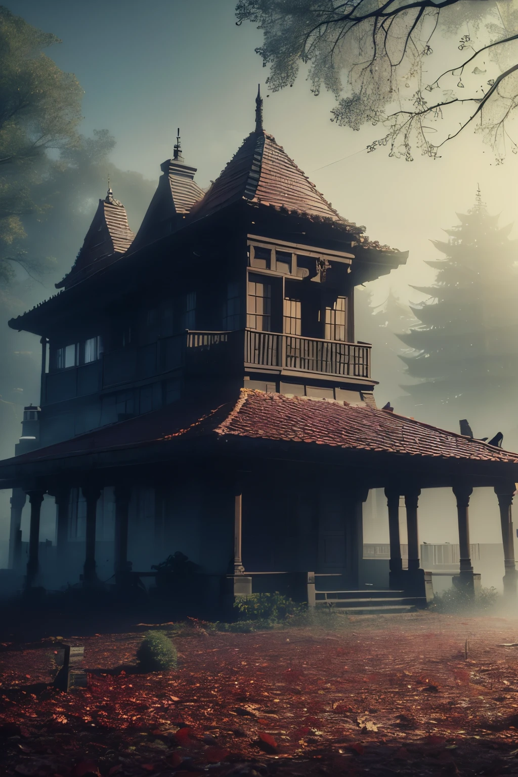 the thick of the forest, late autumn forest, fallen leaves, are trees, fog, red leaves, cloudy day, an old medieval mansion made of white stone, with brown shutters, an old building, high quality photorealistic image, 8K, high detail, perfect precision, perfect composition, Elegant and charming, realistic style, gray colors, shadows, clear details, HD quality, higher lighting style,