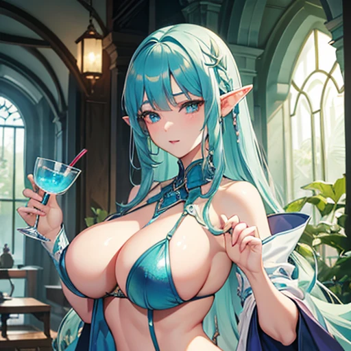 4K、beautiful elf、Cool face、Voluptuous breasts、I was forced to drink a succubus aphrodisiac and went crazy.、Elf in heat、Gorgeous elven costume、Short Hair、Stylish body、Light blue hair、Looking at me with a horny expression、Lust、Sexual desire explosion、whole body、Rooms at the inn、Standing seductively