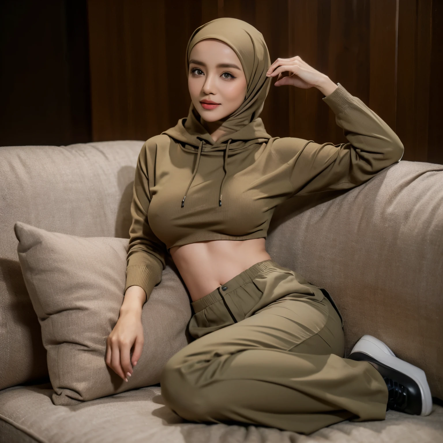 1 lady, wearing a brown hoodie, long khaki pants, wearing a khaki hijab, sitting casually on sofa, thin waist, (huge breast 1.4),  dark background, make-up, blusher, eye liner