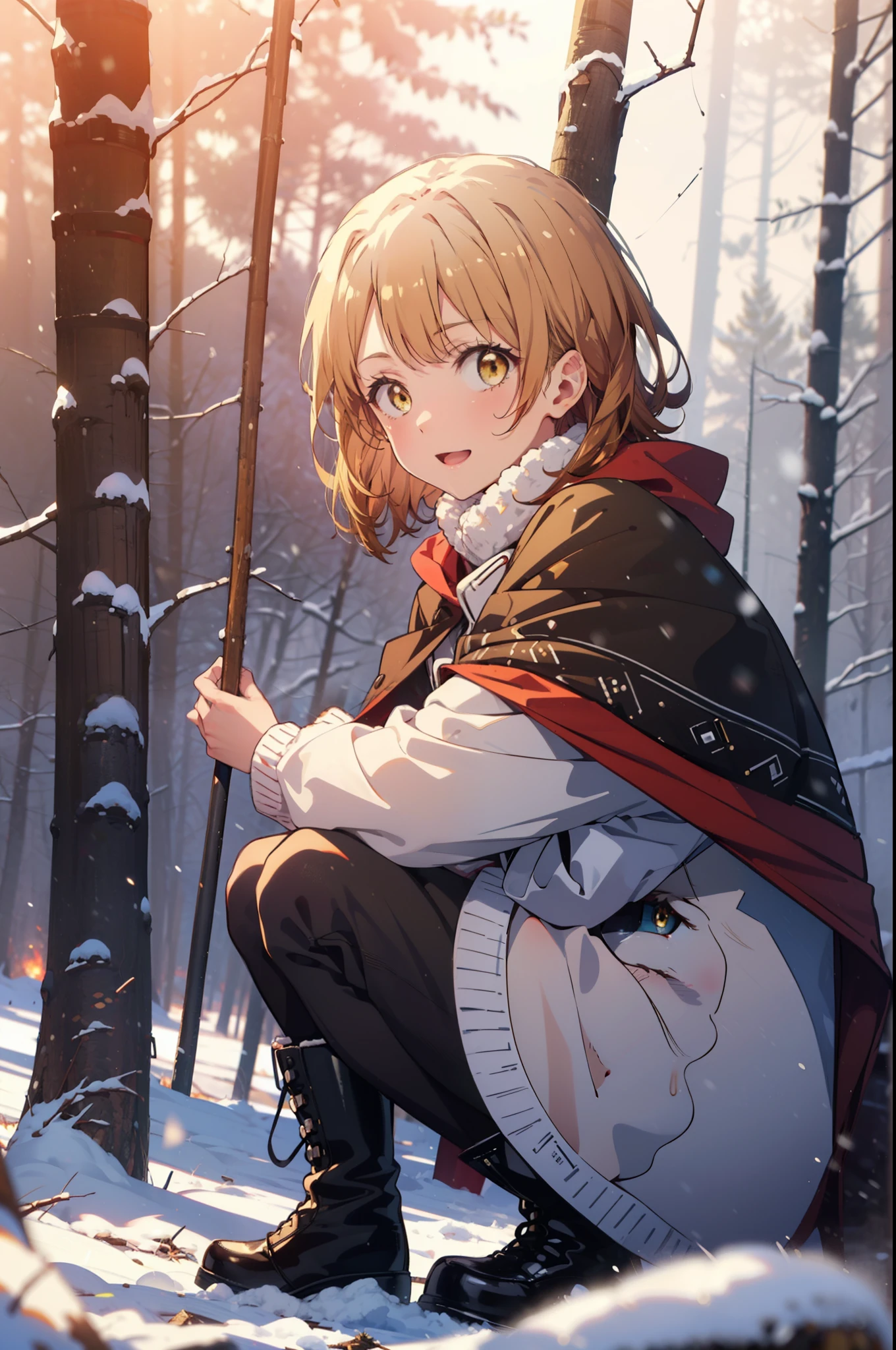 irohaisshiki, Iroha Isshiki, short hair, Brown Hair, (Brown eyes:1.5), smile,
Open your mouth,snow, A bonfire on the ground, Outdoor, boots, snowing, From the side, wood, suitcase, Cape, Blurred, forest, nature, Brown eyes, red handbag, Squat, Mouth closed, Cape, winter, Written boundary depth, Black shoes, red Cape break looking at viewer, Upper Body, whole body, break Outdoor, forest, nature, break (masterpiece:1.2), highest quality, High resolution, unity 8k wallpaper, (shape:0.8), (Beautiful and beautiful eyes:1.6), Highly detailed face, Perfect lighting, Highly detailed CG, (Perfect hands, Perfect Anatomy),