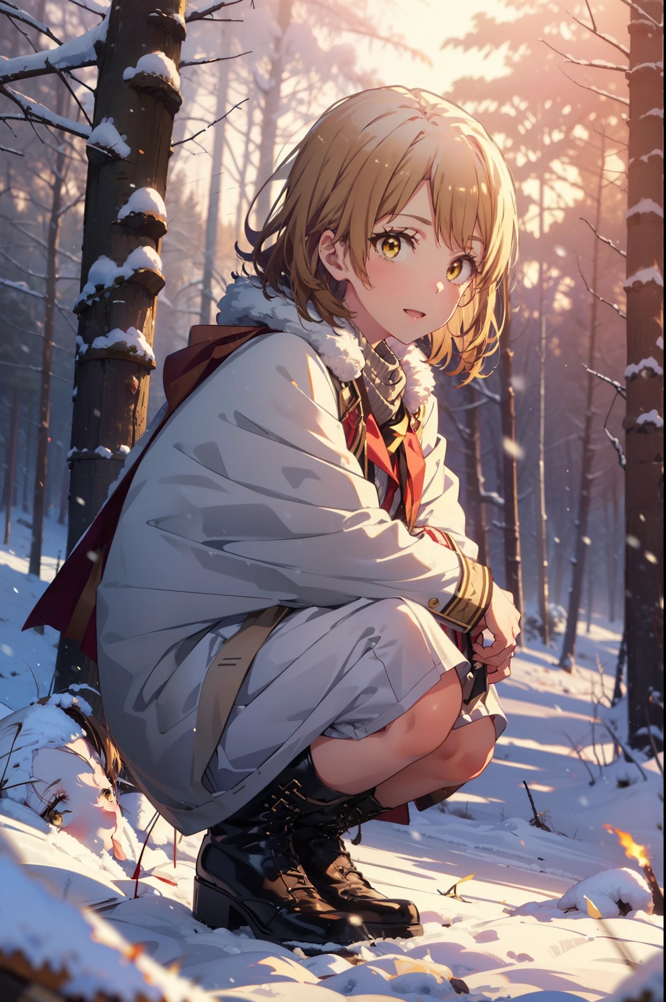 irohaisshiki, Iroha Isshiki, short hair, Brown Hair, (Brown eyes:1.5), smile,
Open your mouth,snow, A bonfire on the ground, Outdoor, boots, snowing, From the side, wood, suitcase, Cape, Blurred, forest, nature, Brown eyes, red handbag, Squat, Mouth closed, Cape, winter, Written boundary depth, Black shoes, red Cape break looking at viewer, Upper Body, whole body, break Outdoor, forest, nature, break (masterpiece:1.2), highest quality, High resolution, unity 8k wallpaper, (shape:0.8), (Beautiful and beautiful eyes:1.6), Highly detailed face, Perfect lighting, Highly detailed CG, (Perfect hands, Perfect Anatomy),